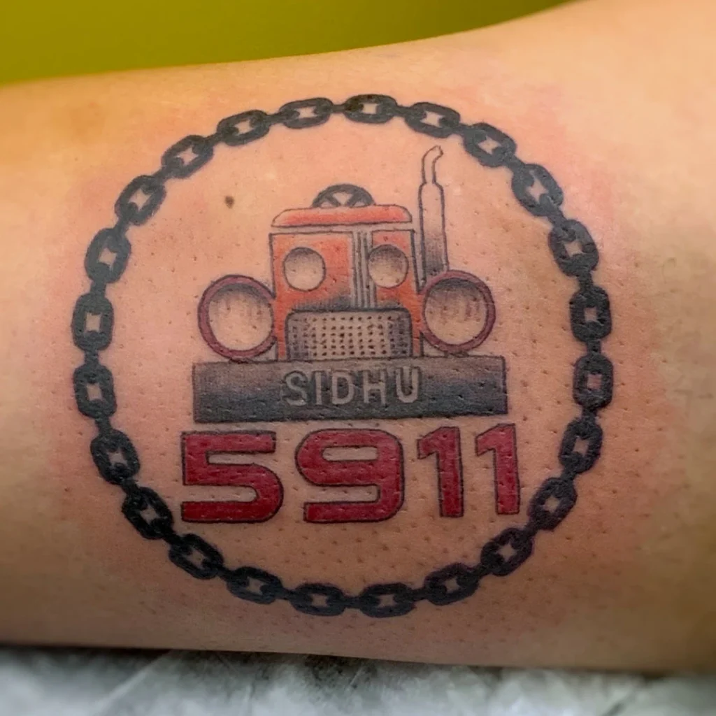 Graphic representation of a tractor surrounded by chains, with Sidhu 5911 inside