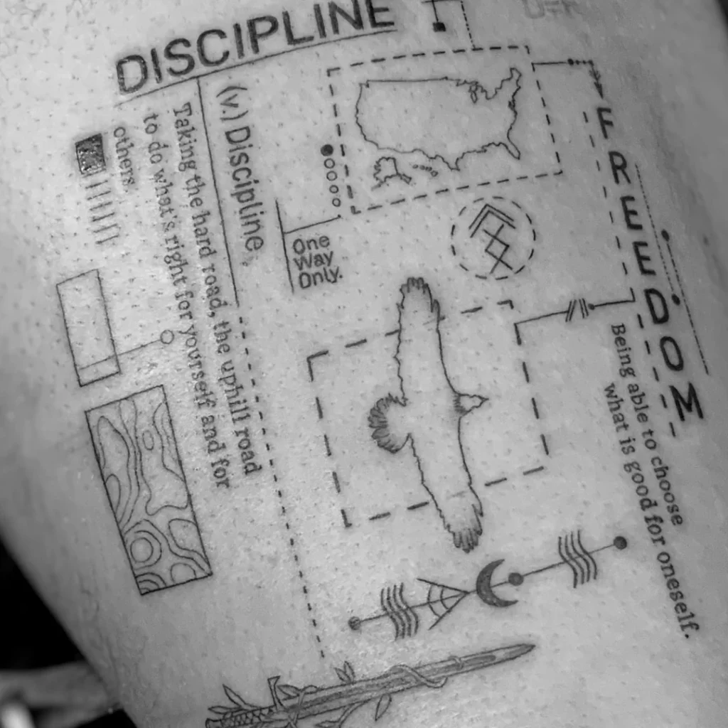 Concept style tattoo of Discipline and Freedom on thigh.