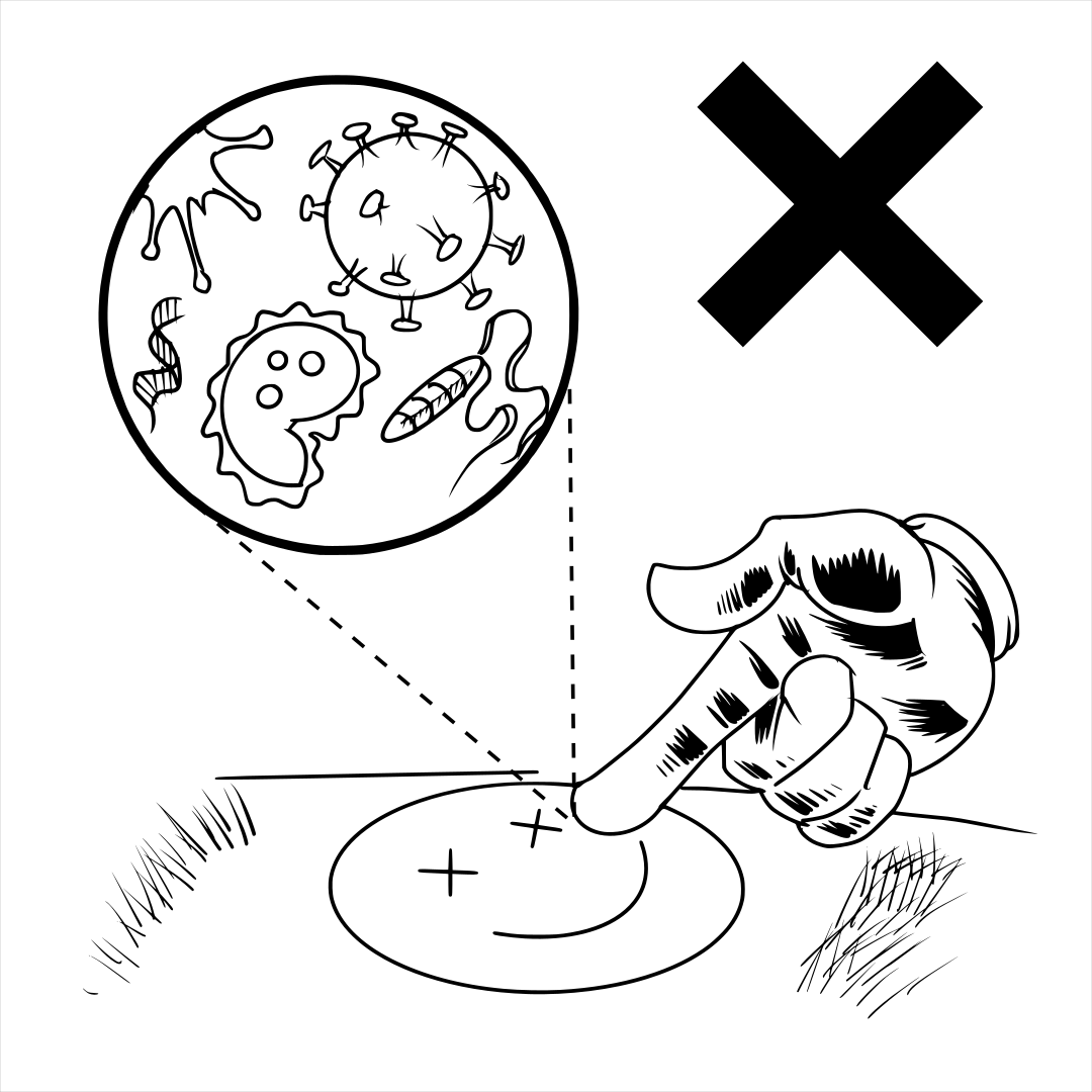 An illustration of a hand touching a fresh tattoo with a zoomed in circle displaying microorganisms.