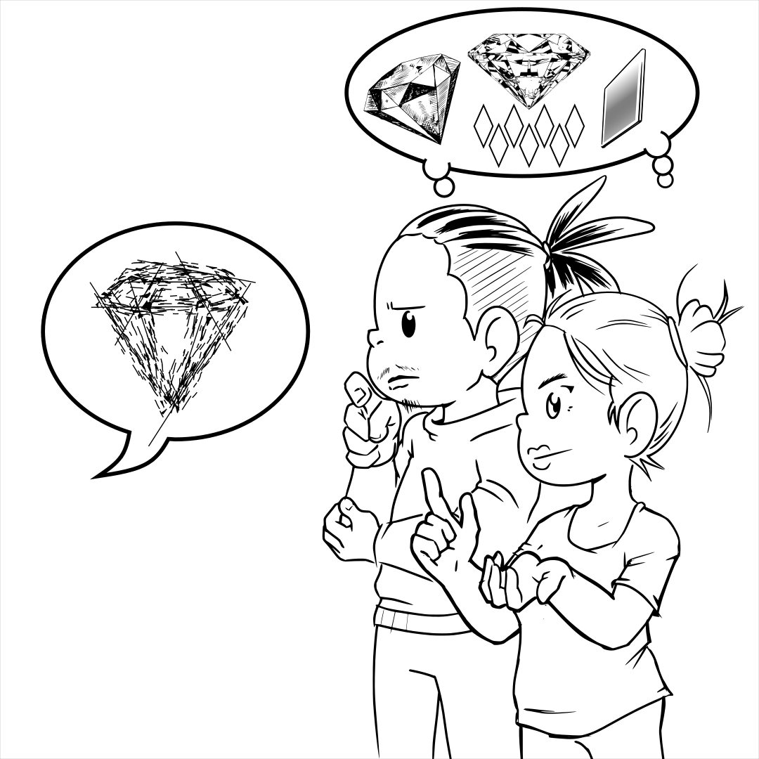 An illustration of Mark and Coritha engaging in a free consultation. The pair are considering a speech bubble with a roughly sketched diamond. Above their heads is a thought bubble with many variations of diamonds.